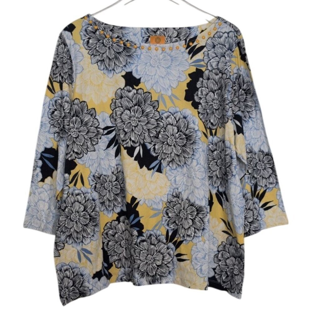 Ruby Rd Floral Shirt Womens Size 2X Blue Yellow 3/4 Sleeve Cotton Stretch Casual
